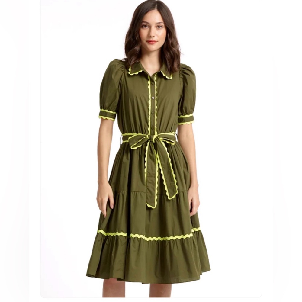Stellah Ric Rac Olive Green Puff Sleeve Dress Size XS